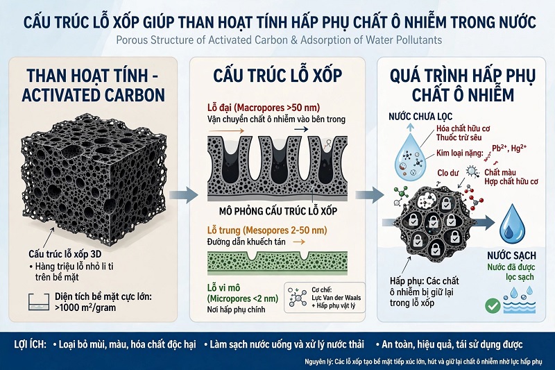 Tác dụng của than hoạt tính trong lọc nước và cơ chế hấp phụ