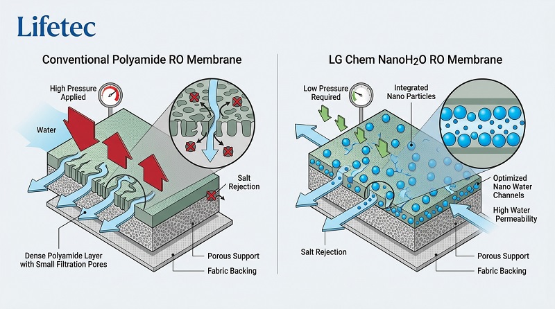 Mô phỏng công nghệ vật liệu hạt nano NanoH2O giúp màng RO LG tiết kiệm điện