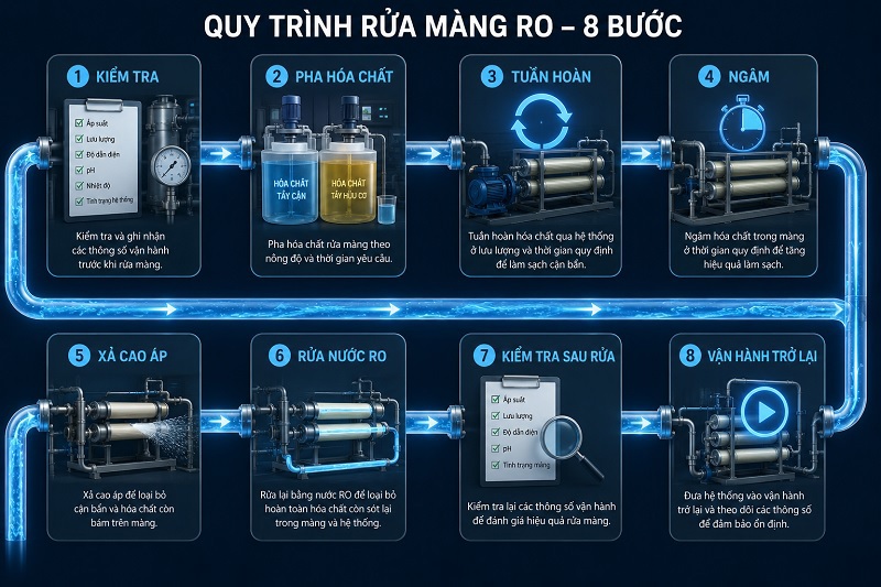 Lưu đồ 8 bước quy trình vệ sinh CIP màng RO chuẩn kỹ thuật, giúp đánh bay cặn bẩn và phục hồi tối đa lưu lượng nước.