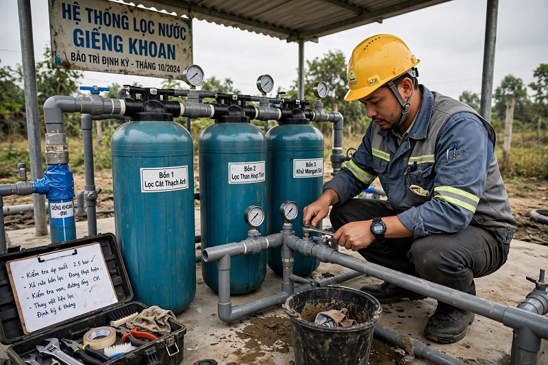 Kiểm tra và bảo trì hệ thống lọc nước giếng khoan tự chế