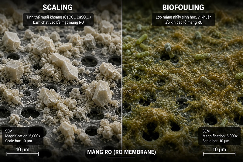Kính hiển vi soi cáu cặn vô cơ Scaling và vi sinh Biofouling bám trên màng RO