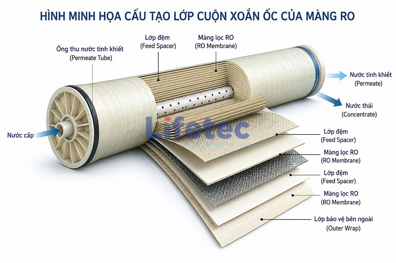 Hình minh họa cấu tạo lớp cuộn xoắn ốc của màng RO