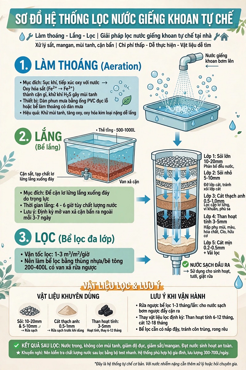 Sơ đồ hệ thống lọc nước giếng khoan tự chế gồm làm thoáng, lắng và các lớp vật liệu lọc