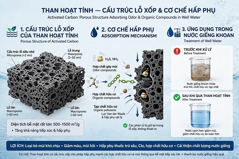Than hoạt tính lọc nước giếng khoan và cơ chế hấp phụ