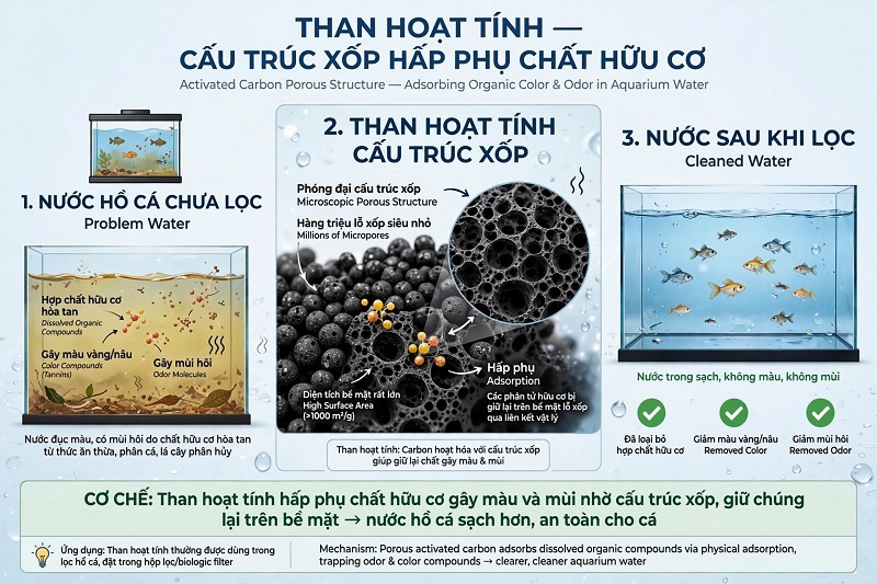 Than hoạt tính lọc nước hồ cá và cơ chế hấp phụ