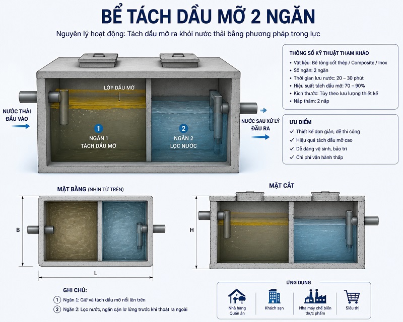 Cấu tạo bể tách mỡ 2 ngăn