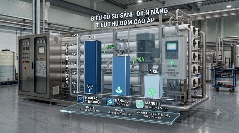 Biểu đồ so sánh điện năng tiêu thụ bơm cao áp giữa màng RO tiêu chuẩn, LE và ULE