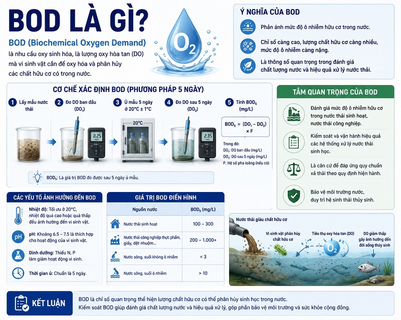 BOD (Biochemical Oxygen Demand) là nhu cầu oxy sinh hóa, biểu thị lượng oxy cần thiết cho vi sinh vật phân hủy các chất hữu cơ dễ phân hủy sinh học trong nước