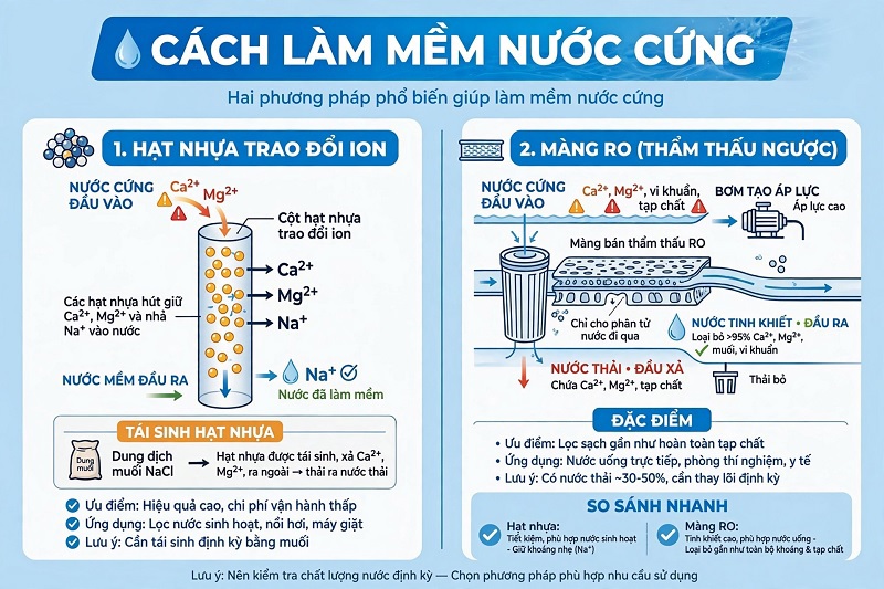 Cách làm mềm nước cứng bằng hạt nhựa trao đổi ion và màng RO