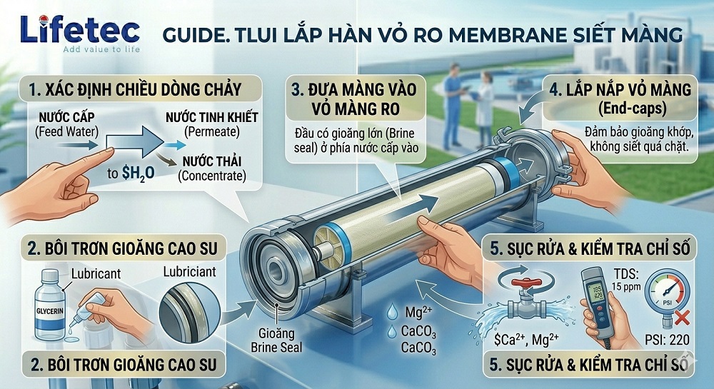 Sơ đồ kỹ thuật hướng dẫn lắp đặt màng lọc RO vào vỏ màng Composite 4040, minh họa chiều gioăng Brine seal chuẩn Lifetec