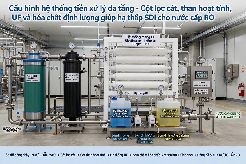 Cấu hình hệ thống tiền xử lý đa tầng chuyên nghiệp bao gồm cột lọc cát, than hoạt tính, hệ thống UF và hóa chất châm định lượng giúp hạ thấp chỉ số SDI cho nước cấp RO