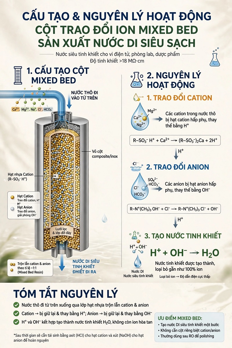 Sơ đồ nguyên lý hoạt động của hệ thống lọc nước DI khử ion