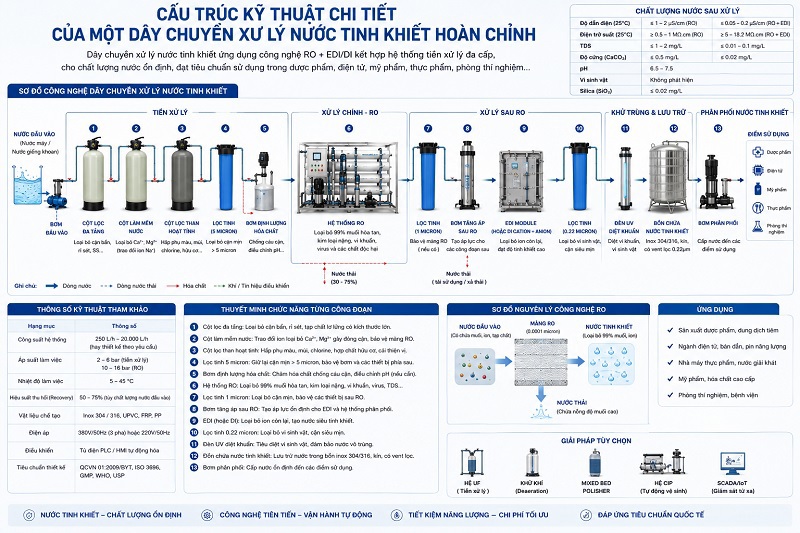 Cấu trúc kỹ thuật chi tiết của một dây chuyền xử lý nước tinh khiết
