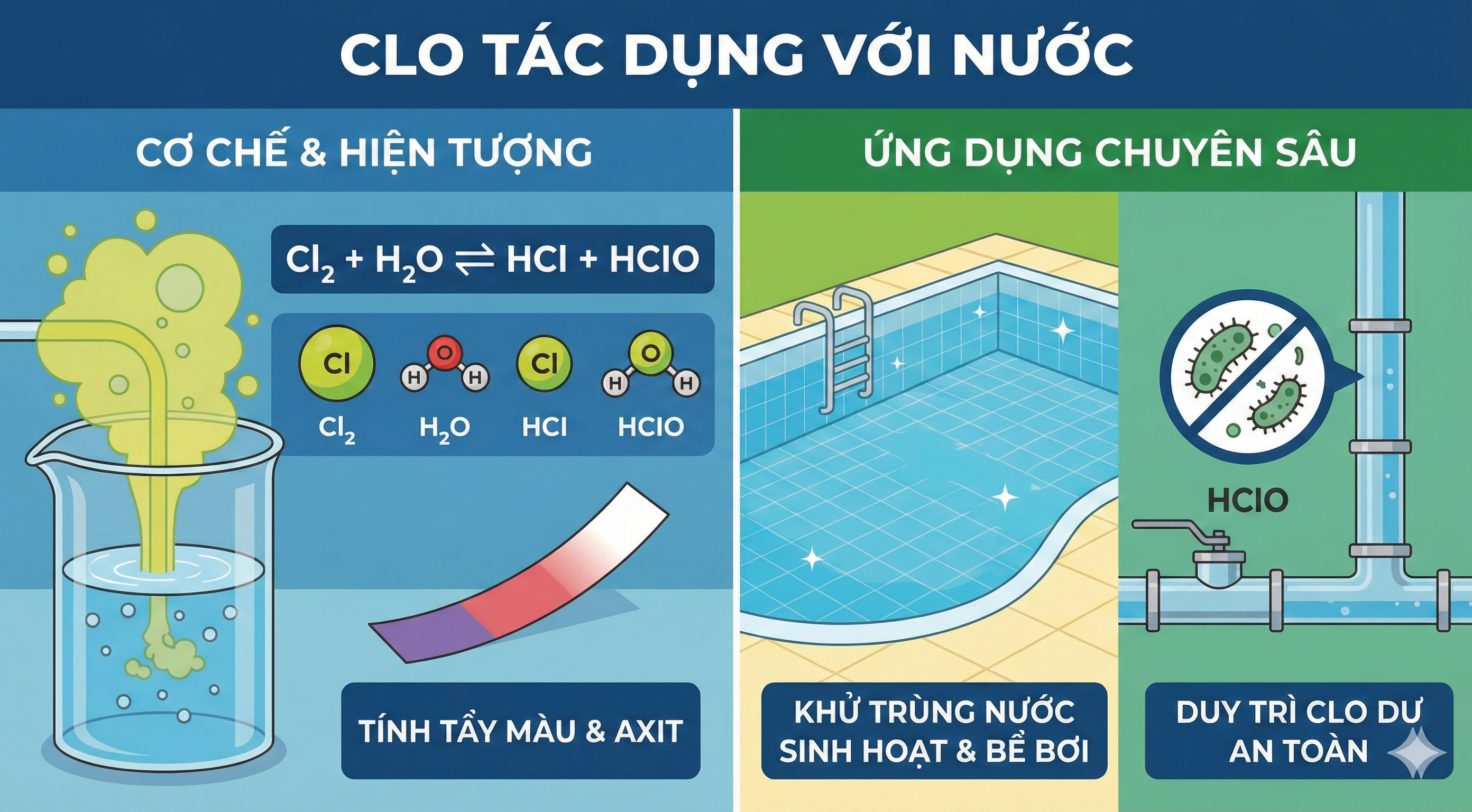 Clo tác dụng với nước | Cơ chế, hiện tượng và ứng dụng chuyên sâu trong xử lý nước