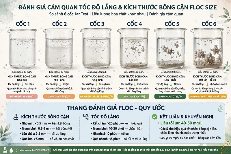 So sánh kích thước bông cặn trong quá trình làm Jar Test