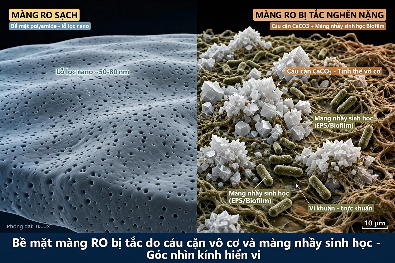 Đồ họa mô phỏng cấu trúc bề mặt màng RO bị tắc do cáu cặn vô cơ và màng nhầy sinh học dưới góc nhìn kính hiển vi