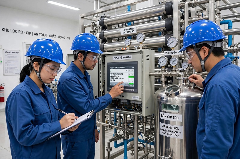  Đội ngũ kỹ sư tiến hành kiểm tra đo đạc chênh áp và chạy hóa chất súc rửa CIP phục hồi hệ thống lọc RO]