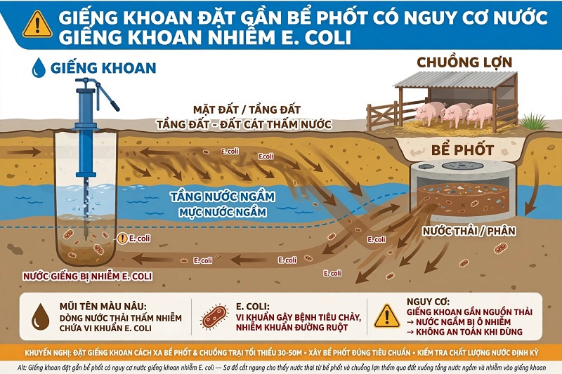 Giếng khoan đặt gần bể phốt có nguy cơ nước giếng khoan nhiễm E. coli
