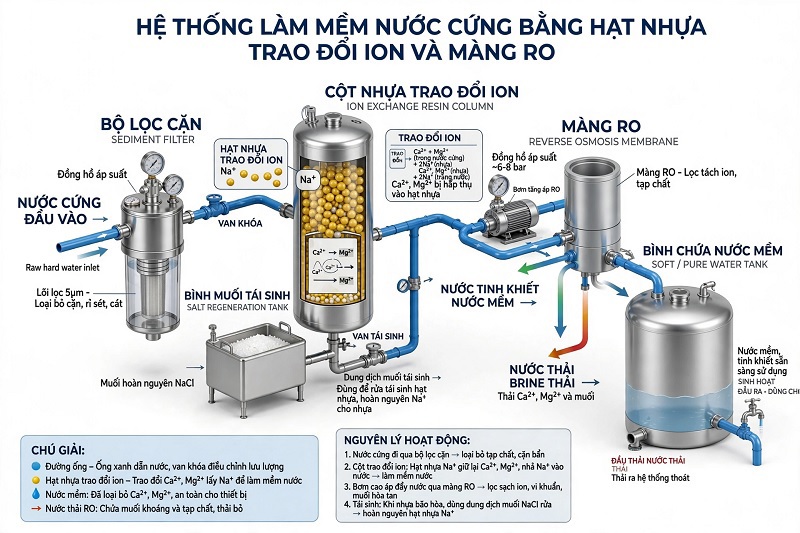 Hệ thống làm mềm nước cứng bằng hạt nhựa trao đổi ion và màng RO