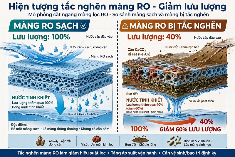 Hình ảnh mô phỏng hiện tượng tắc nghẽn làm màng RO bị giảm lưu lượng