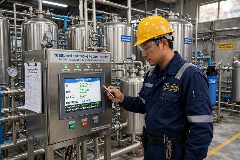 Kỹ sư kiểm tra chỉ số EC trên bảng điều khiển hệ thống RO công nghiệp