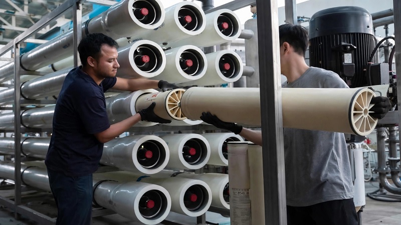 Kỹ sư kiểm tra màng RO 8040 trước khi lắp vào vỏ màng
