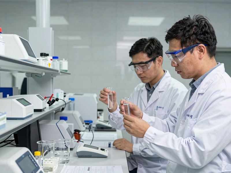 Kỹ thuật viên kiểm tra chất lượng nước và chỉ số SDI tại phòng thí nghiệm