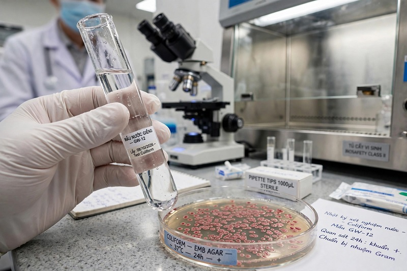Mẫu nước được lấy để xét nghiệm vi khuẩn coliform trong phòng thí nghiệm