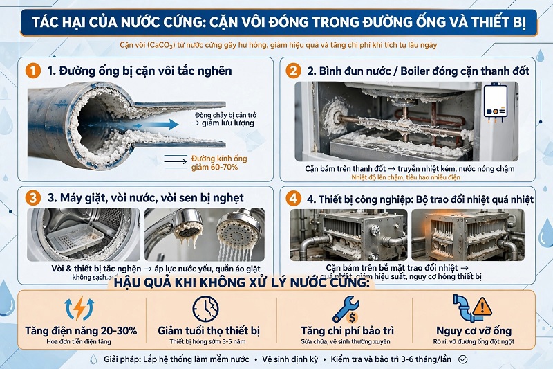Tác hại của nước cứng: cặn vôi đóng trong đường ống và thiết bị