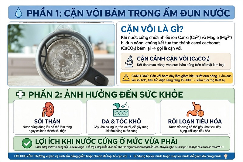 Nước cứng có hại cho sức khỏe không? Cặn vôi bám trong ấm đun nước