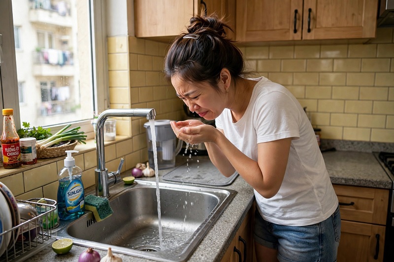 Nước sinh hoạt có mùi thuốc tẩy chảy ra từ vòi nước trong gia đình