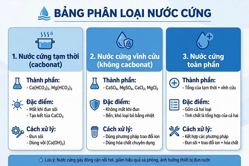 Bảng phân loại nước cứng tạm thời, vĩnh cửu, toàn phần