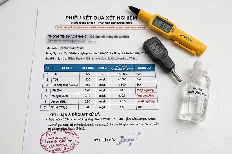 Phiếu kết quả xét nghiệm nước giếng khoan dùng để chọn giải pháp xử lý phù hợp