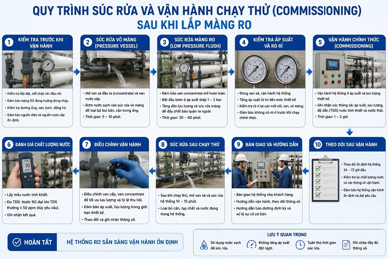 Quy trình súc rửa và vận hành chạy thử (Commissioning) sau khi lắp màng RO