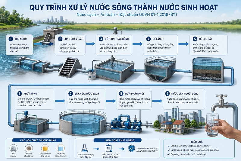 Quy trình xử lý nước sông thành nước sinh hoạt