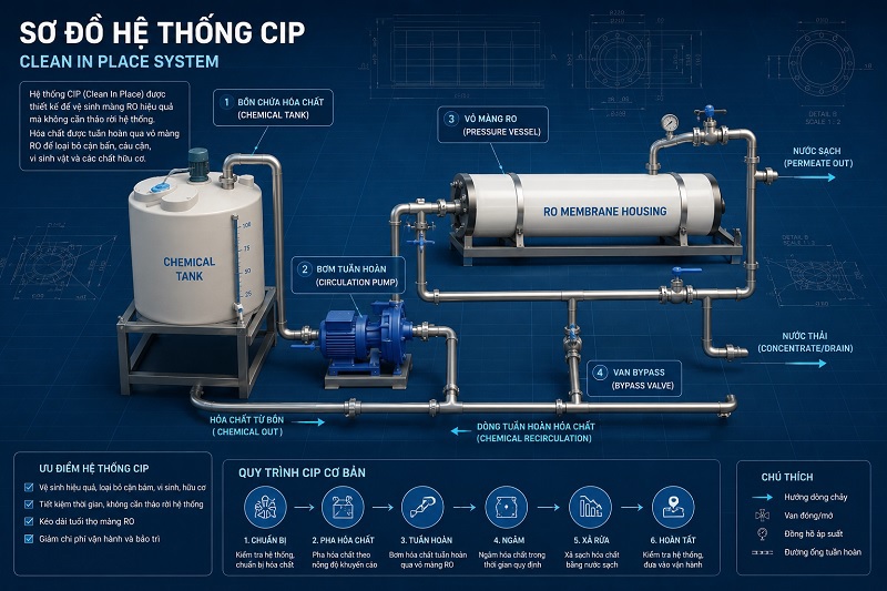 Sơ đồ 6 bước quy trình CIP màng RO chuẩn kỹ thuật