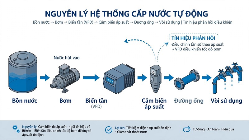 Sơ đồ nguyên lý bơm tăng áp biến tần không tích áp