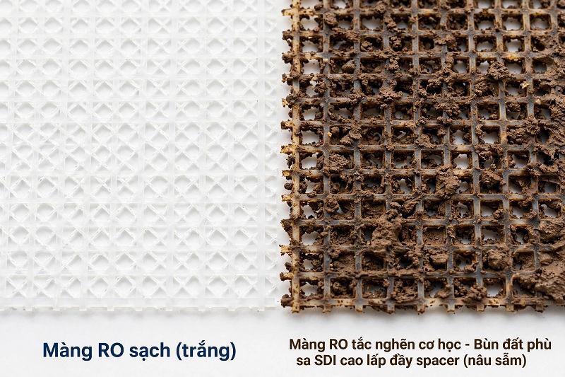 So sánh hình ảnh bề mặt màng RO sạch (trắng) và màng RO bị tắc nghẽn cơ học do bùn đất phù sa có chỉ số SDI cao lấp đầy lưới đệm spacer (màu nâu sẫm)