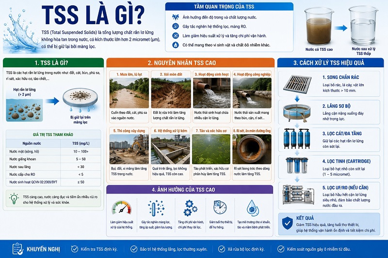 TSS là viết tắt của cụm từ tiếng Anh Total Suspended Solids, dịch nghĩa tiếng Việt là Tổng chất rắn lơ lửng.