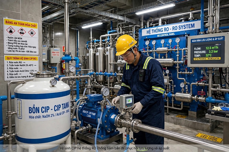 Vệ sinh CIP hệ thống RO chống bám bẩn để phục hồi lưu lượng và áp suất