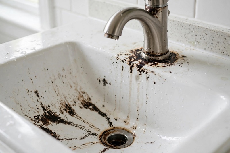 Vết ố đen do nước giếng khoan nhiễm mangan trên bồn rửa và vòi nước