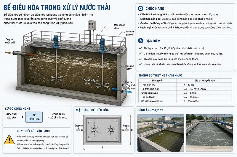 Bể điều hòa trong xử lý nước thải là gì? Cấu tạo & Cách tính toán