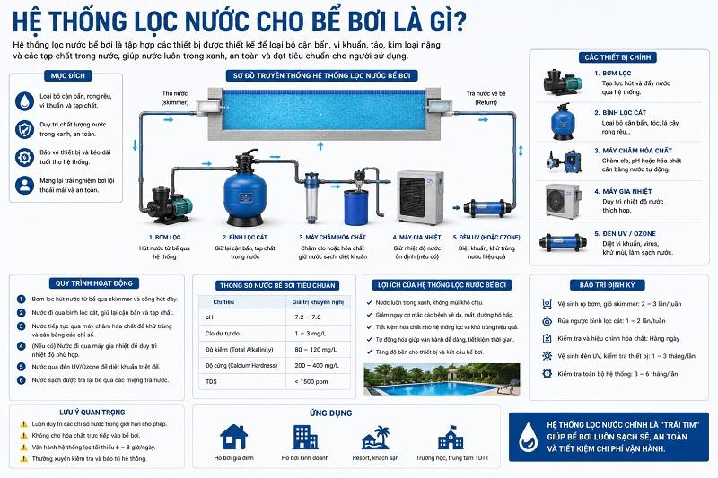 Hệ thống lọc nước bể bơi: Cấu tạo, Sơ đồ & Tiêu chuẩn vận hành