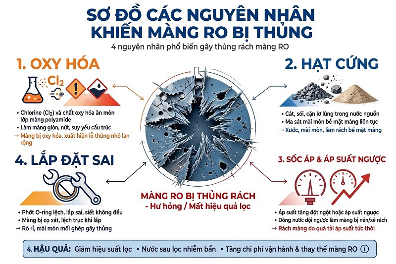 Màng RO bị thủng: dấu hiệu, nguyên nhân và cách xử lý
